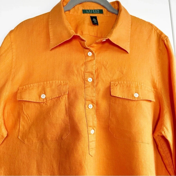 Lauren Ralph Lauren Linen Tunic Size XL Orange Button Front Collared 3/4 Sleeve - Picture 3 of 8